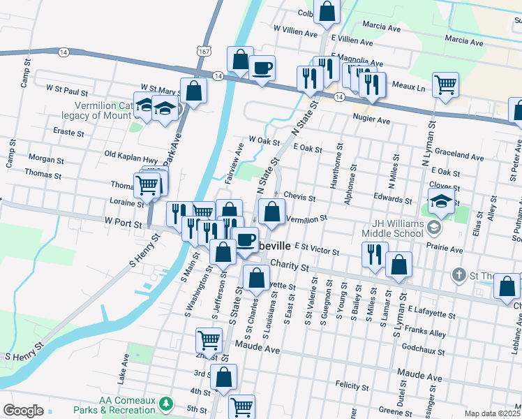 map of restaurants, bars, coffee shops, grocery stores, and more near 105 East Vermilion Street in Abbeville