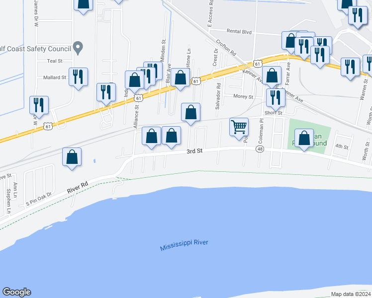 map of restaurants, bars, coffee shops, grocery stores, and more near 110 3rd Street in Kenner