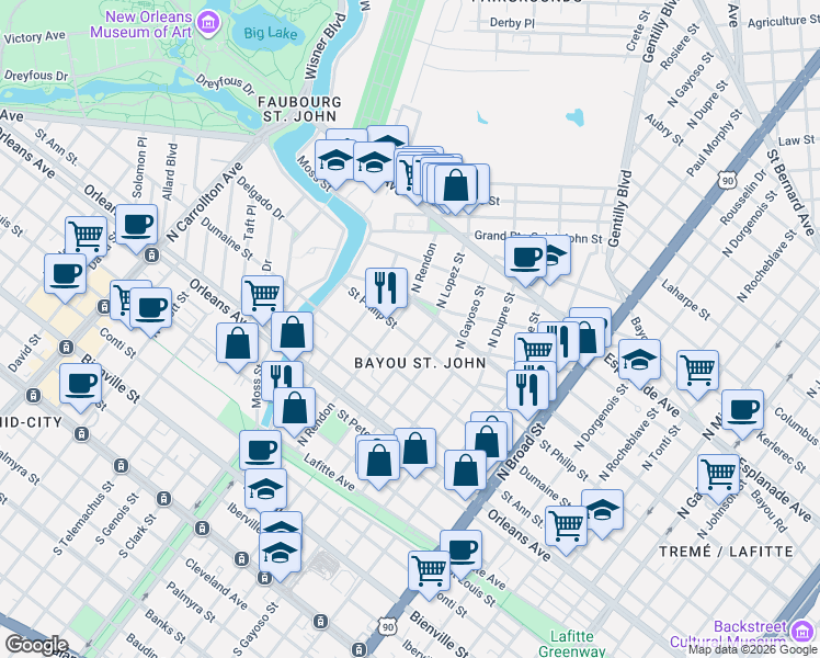 map of restaurants, bars, coffee shops, grocery stores, and more near in New Orleans