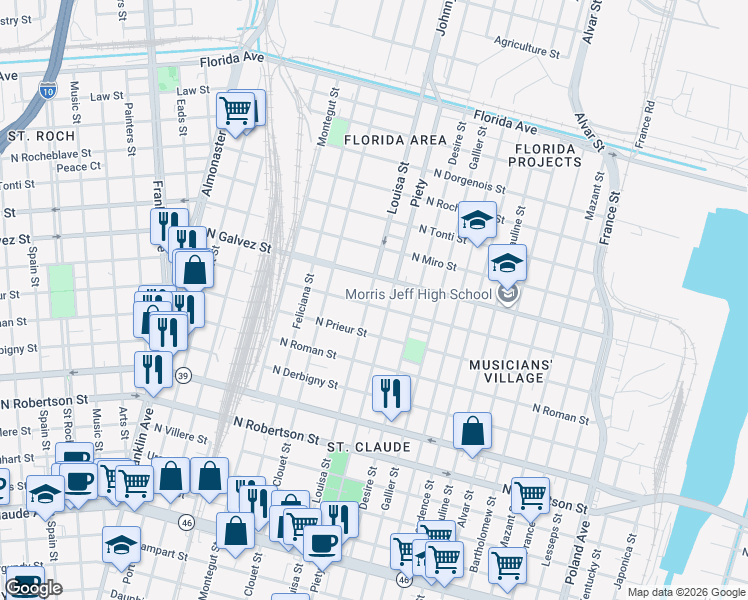 map of restaurants, bars, coffee shops, grocery stores, and more near 1934 Piety Street in New Orleans
