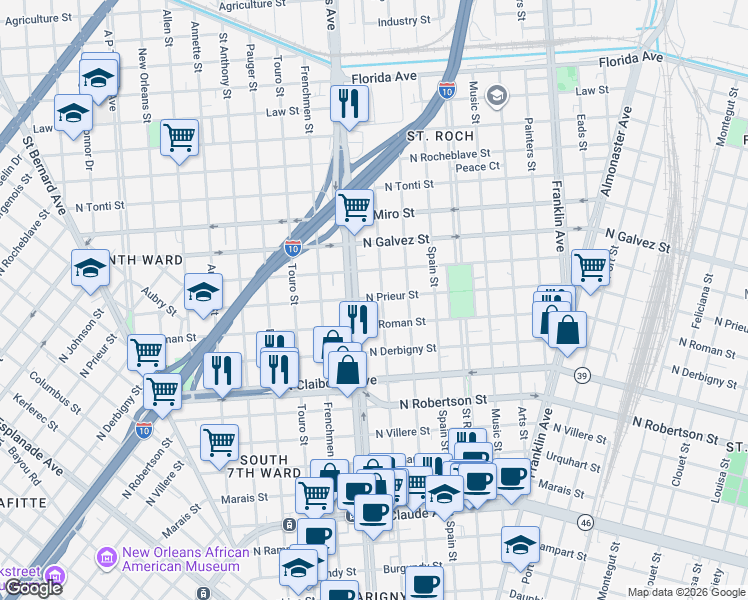 map of restaurants, bars, coffee shops, grocery stores, and more near 1809 Elysian Fields Avenue in New Orleans