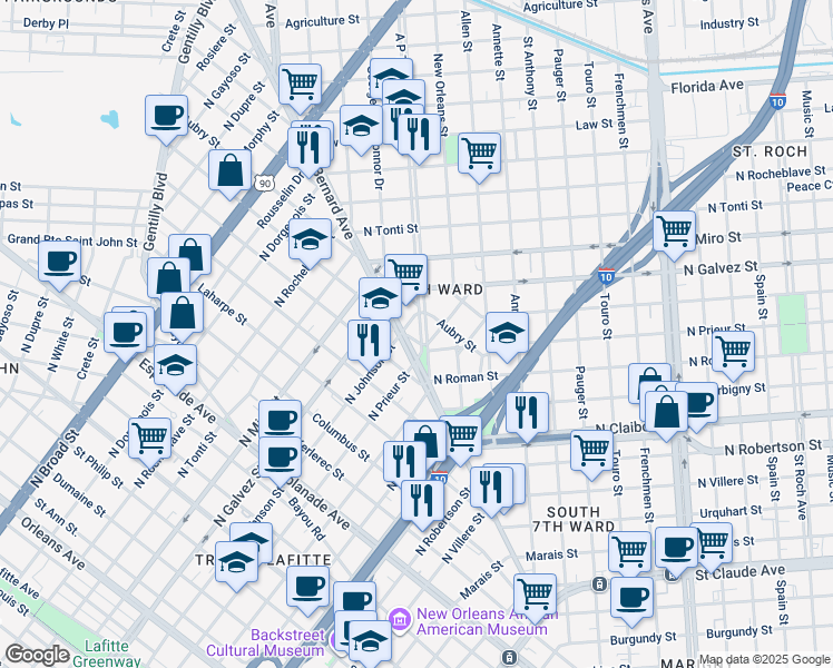map of restaurants, bars, coffee shops, grocery stores, and more near 1920 Saint Bernard Avenue in New Orleans