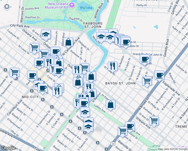 map of restaurants, bars, coffee shops, grocery stores, and more near 726 Moss Street in New Orleans