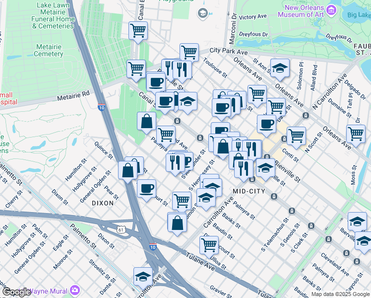 map of restaurants, bars, coffee shops, grocery stores, and more near 225 South Murat Street in New Orleans