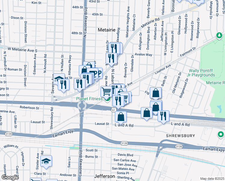 map of restaurants, bars, coffee shops, grocery stores, and more near 2732 Manley Avenue in Metairie