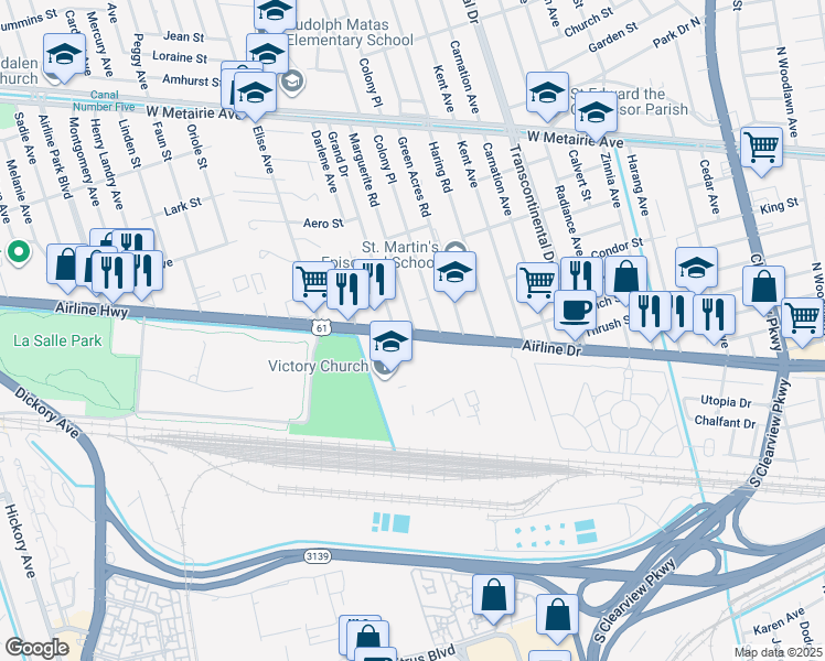 map of restaurants, bars, coffee shops, grocery stores, and more near 5300 Blair Drive in Metairie
