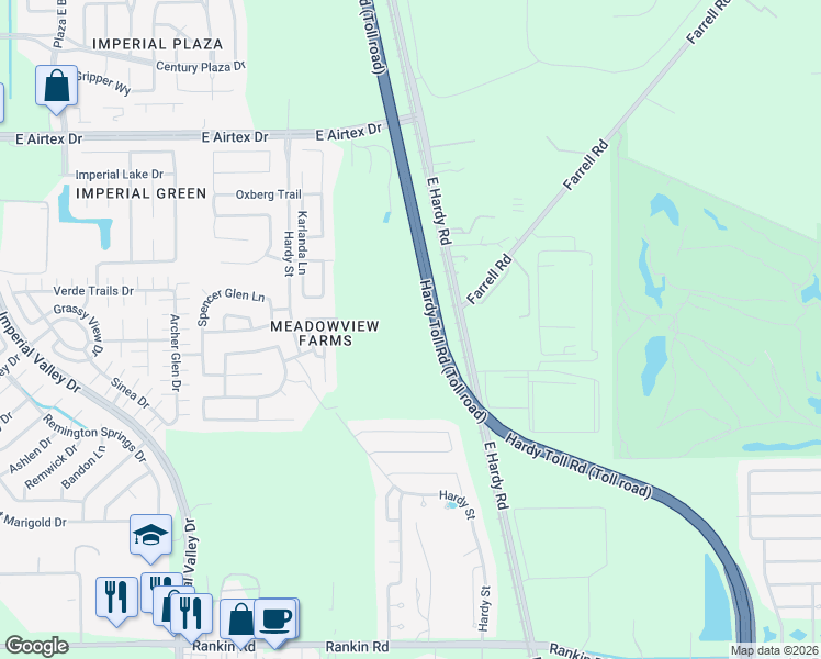map of restaurants, bars, coffee shops, grocery stores, and more near Hardy Toll Road in Houston