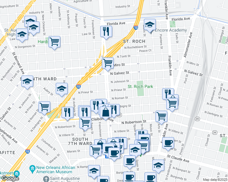 map of restaurants, bars, coffee shops, grocery stores, and more near 1809 Elysian Fields Avenue in New Orleans