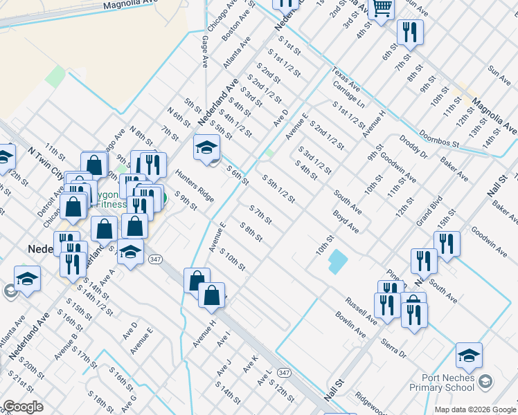 map of restaurants, bars, coffee shops, grocery stores, and more near 704 South 7th Street in Nederland