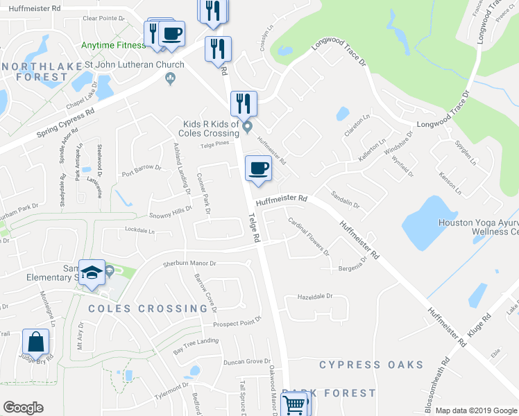 map of restaurants, bars, coffee shops, grocery stores, and more near 14303 Bush Sage Drive in Cypress