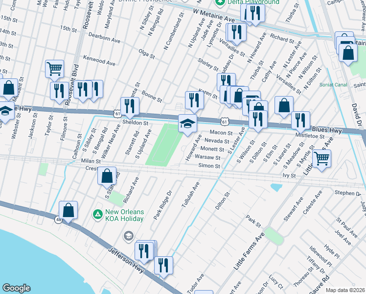 map of restaurants, bars, coffee shops, grocery stores, and more near 909 North Sibley Street in Metairie