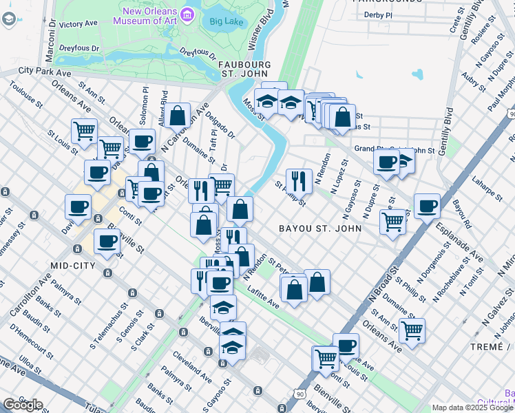 map of restaurants, bars, coffee shops, grocery stores, and more near 817 Hagan Avenue in New Orleans