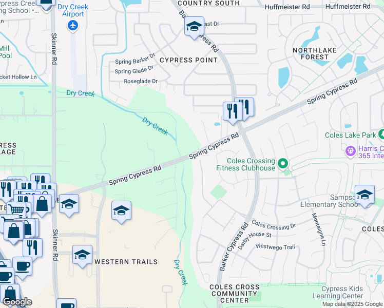 map of restaurants, bars, coffee shops, grocery stores, and more near Spring Cypress Road in Cypress