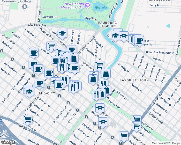 map of restaurants, bars, coffee shops, grocery stores, and more near 3700 Orleans Avenue in New Orleans