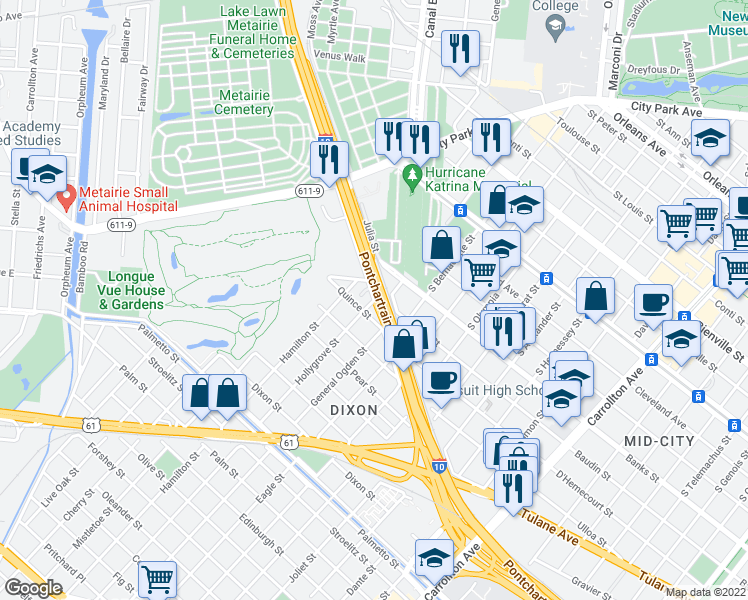map of restaurants, bars, coffee shops, grocery stores, and more near 4810 Pontchartrain Boulevard in New Orleans