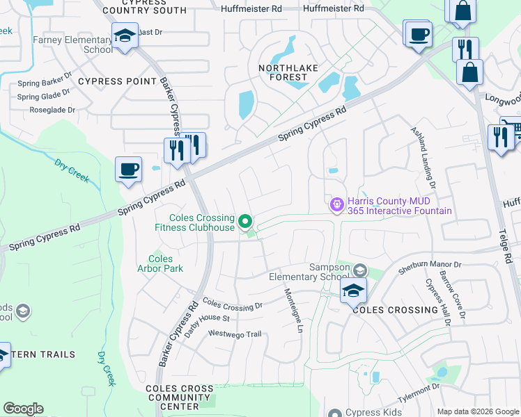map of restaurants, bars, coffee shops, grocery stores, and more near 16407 Burham Park Drive in Cypress
