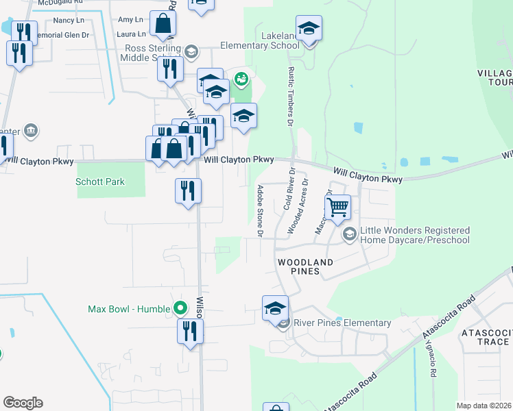 map of restaurants, bars, coffee shops, grocery stores, and more near 9338 Cold River Court in Humble