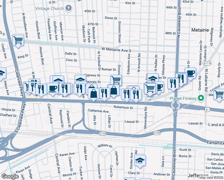 map of restaurants, bars, coffee shops, grocery stores, and more near 3715 Johnson Street in Metairie