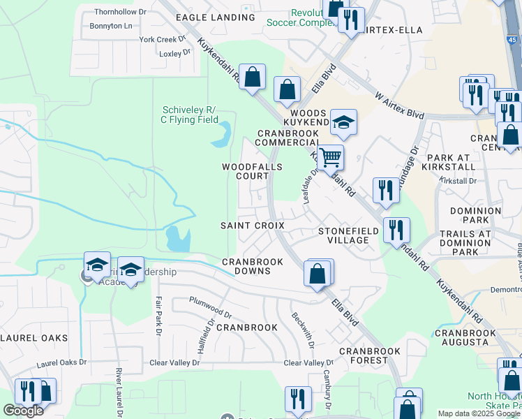 map of restaurants, bars, coffee shops, grocery stores, and more near 14435 Ella Boulevard in Houston