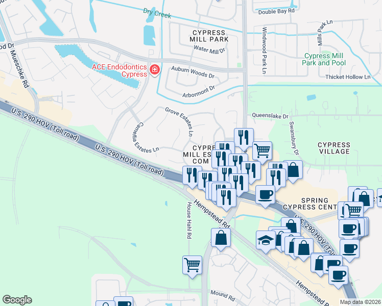 map of restaurants, bars, coffee shops, grocery stores, and more near 18203 Wisteria Estates Lane in Cypress
