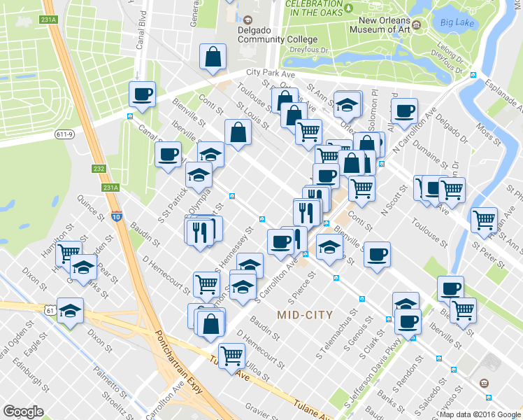 map of restaurants, bars, coffee shops, grocery stores, and more near 4301 Canal Street in New Orleans