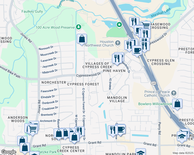 map of restaurants, bars, coffee shops, grocery stores, and more near 10285 Cypresswood Drive in Houston