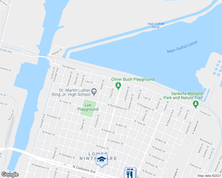 map of restaurants, bars, coffee shops, grocery stores, and more near 2505 Flood Street in New Orleans