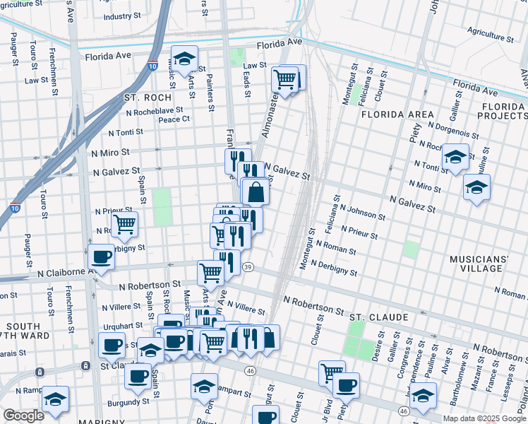 map of restaurants, bars, coffee shops, grocery stores, and more near 2719 North Roman Street in New Orleans