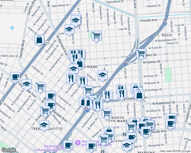 map of restaurants, bars, coffee shops, grocery stores, and more near 1800 North Prieur Street in New Orleans