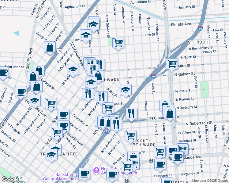 map of restaurants, bars, coffee shops, grocery stores, and more near 3124 A P Tureaud Avenue in New Orleans