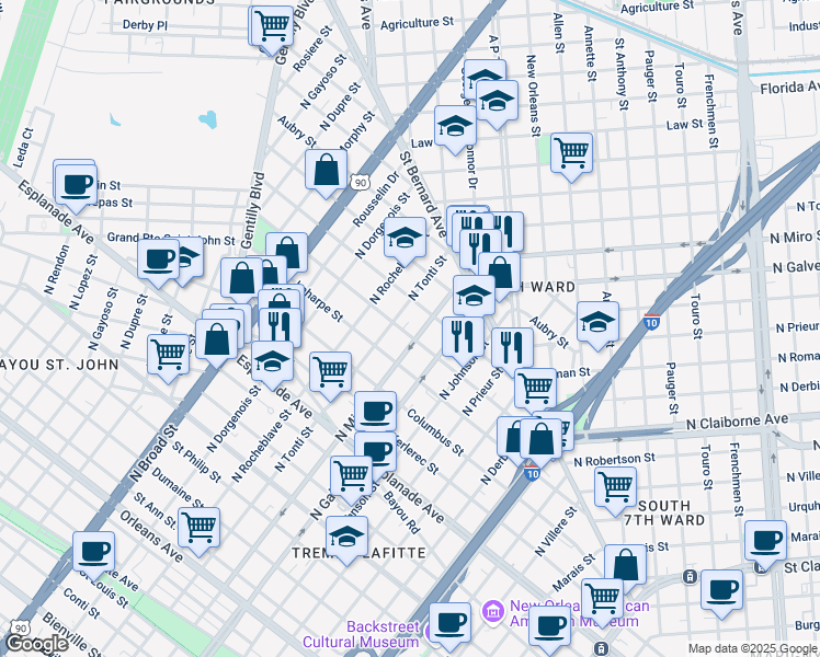 map of restaurants, bars, coffee shops, grocery stores, and more near 2117 Lapeyrouse Street in New Orleans