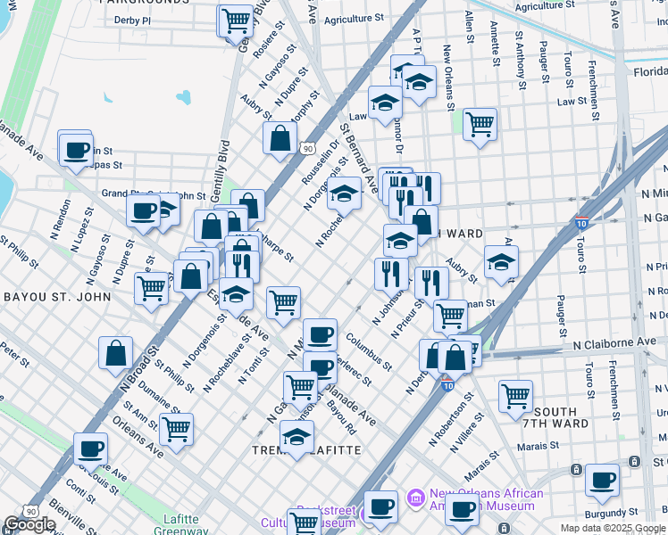 map of restaurants, bars, coffee shops, grocery stores, and more near 2221 Laharpe Street in New Orleans