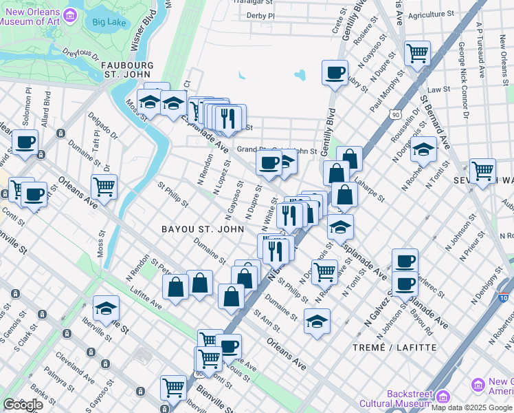 map of restaurants, bars, coffee shops, grocery stores, and more near 2901 Ursulines Avenue in New Orleans