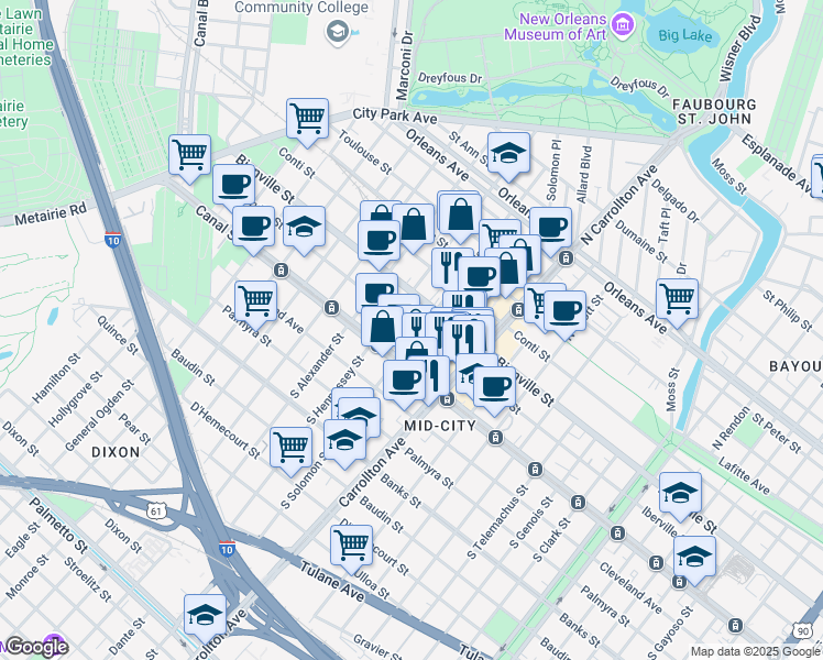 map of restaurants, bars, coffee shops, grocery stores, and more near 4201 Canal Street in New Orleans
