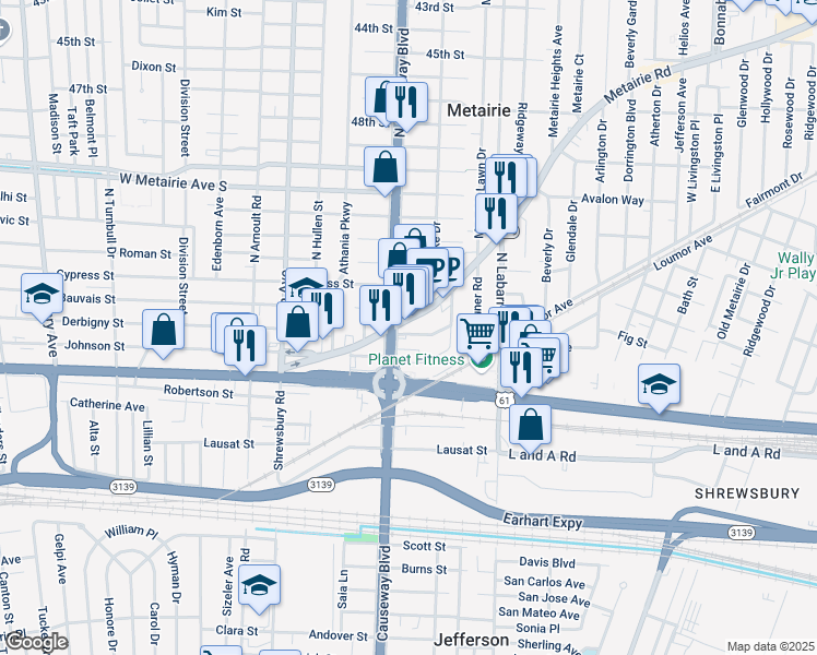 map of restaurants, bars, coffee shops, grocery stores, and more near 265 North Causeway Boulevard in Metairie