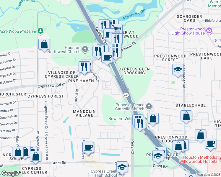 map of restaurants, bars, coffee shops, grocery stores, and more near 19401 Tomball Parkway in Houston
