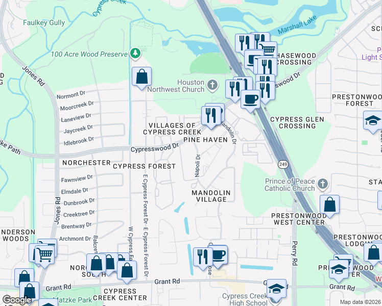 map of restaurants, bars, coffee shops, grocery stores, and more near 13801 Napoli Drive in Houston