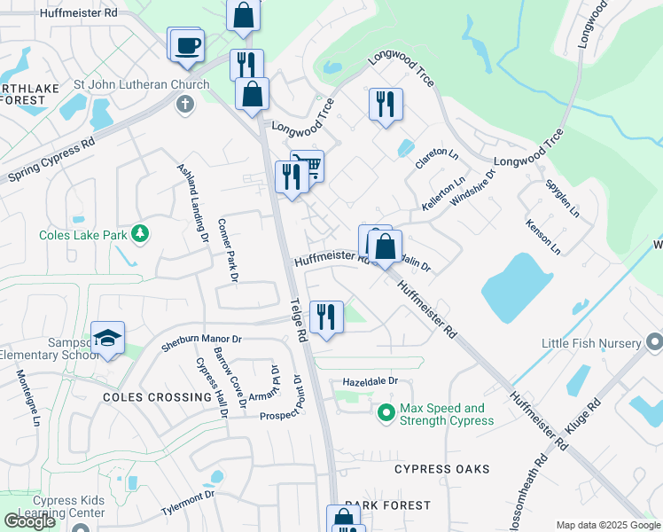 map of restaurants, bars, coffee shops, grocery stores, and more near Bush Sage Drive in Cypress