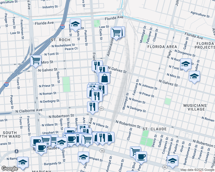 map of restaurants, bars, coffee shops, grocery stores, and more near 2719 North Roman Street in New Orleans