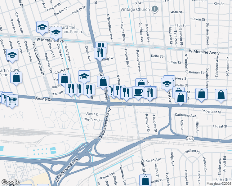 map of restaurants, bars, coffee shops, grocery stores, and more near 4421 Airline Drive in Metairie