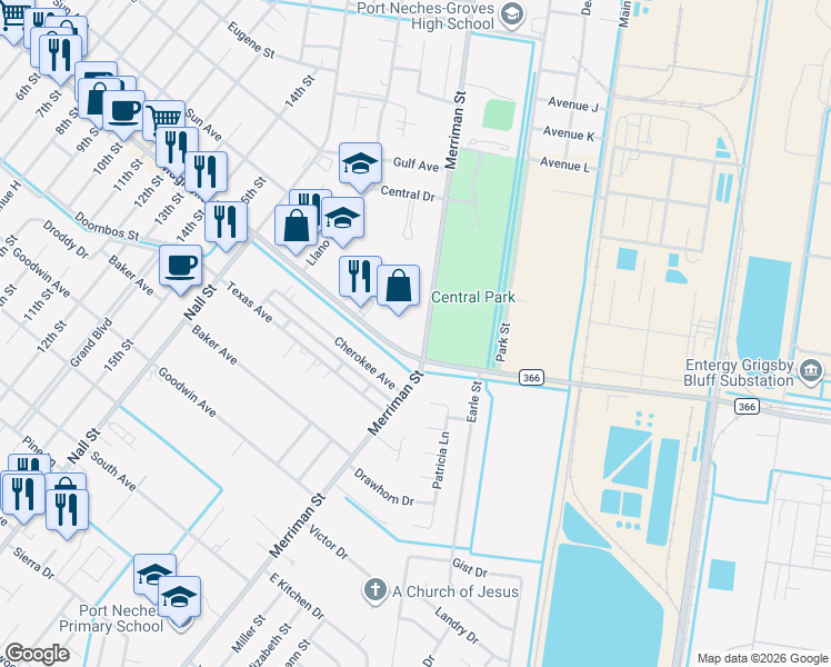 map of restaurants, bars, coffee shops, grocery stores, and more near 704 Magnolia Avenue in Port Neches