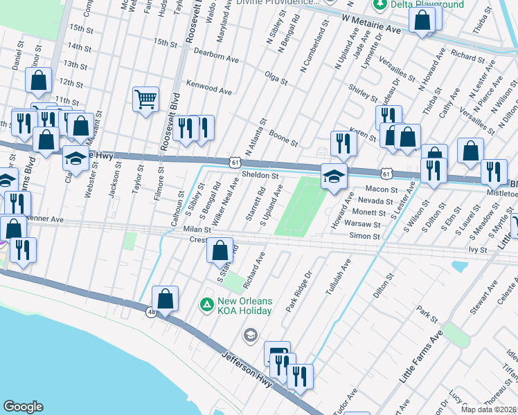 map of restaurants, bars, coffee shops, grocery stores, and more near 918 Upland Avenue in Metairie