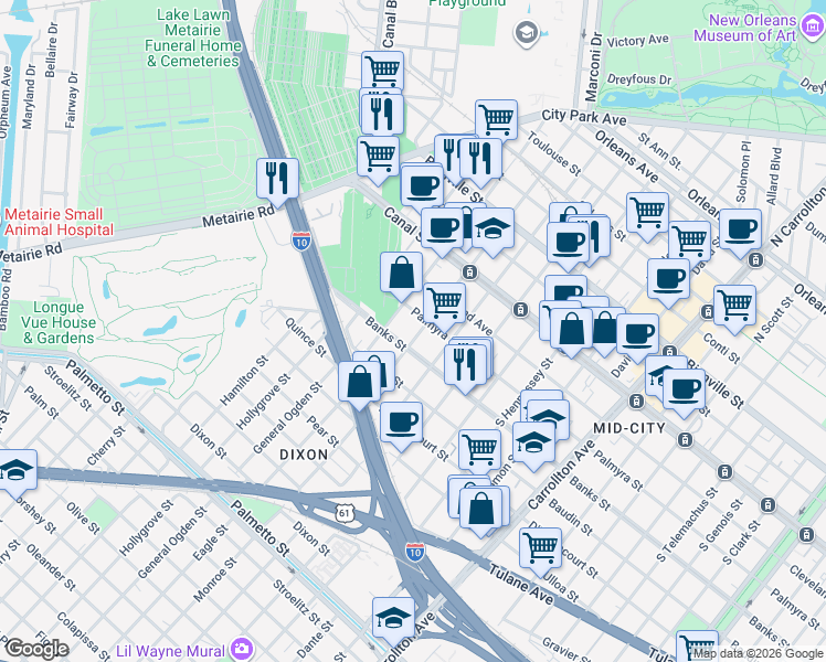 map of restaurants, bars, coffee shops, grocery stores, and more near 4700 Banks Street in New Orleans