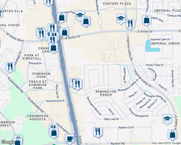 map of restaurants, bars, coffee shops, grocery stores, and more near 19503 Remington Wick Court in Houston