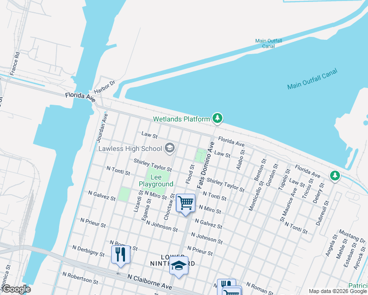 map of restaurants, bars, coffee shops, grocery stores, and more near 2610 Andry Street in New Orleans