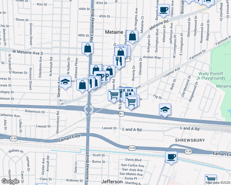 map of restaurants, bars, coffee shops, grocery stores, and more near 110 Gruner Road in Metairie