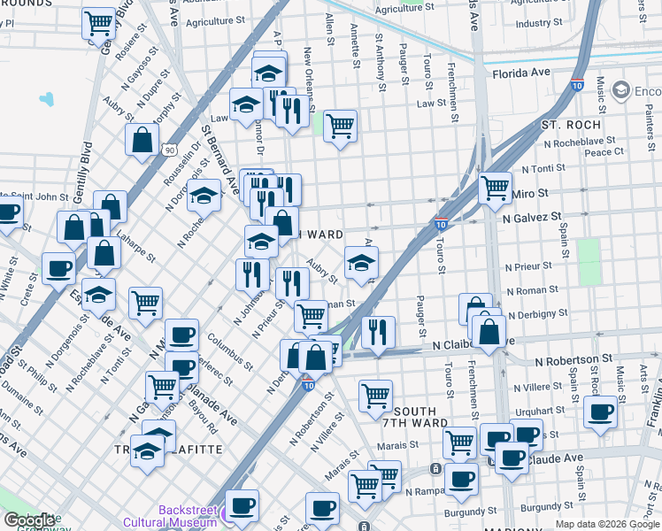 map of restaurants, bars, coffee shops, grocery stores, and more near 1823 Old Prieur Street in New Orleans