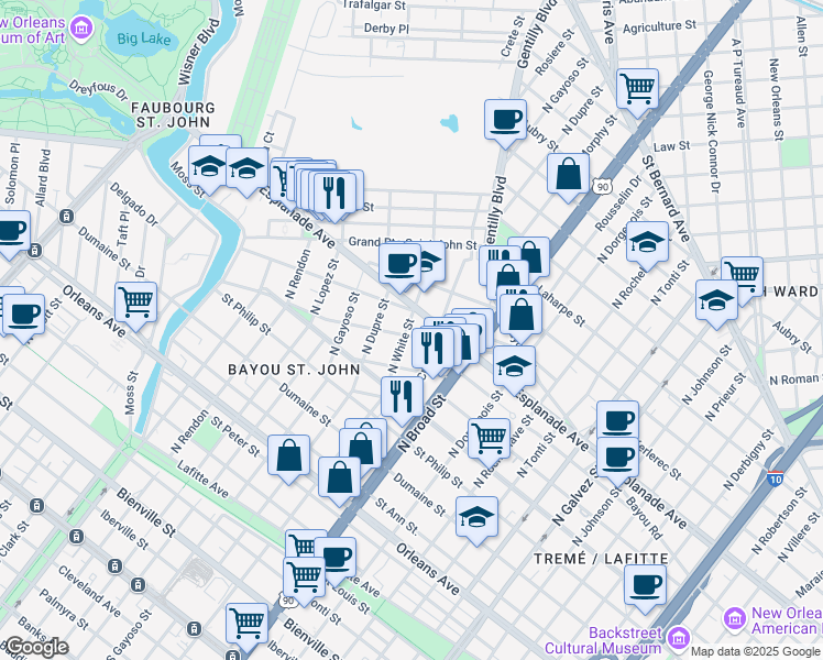 map of restaurants, bars, coffee shops, grocery stores, and more near 1928 Esplanade Avenue in New Orleans