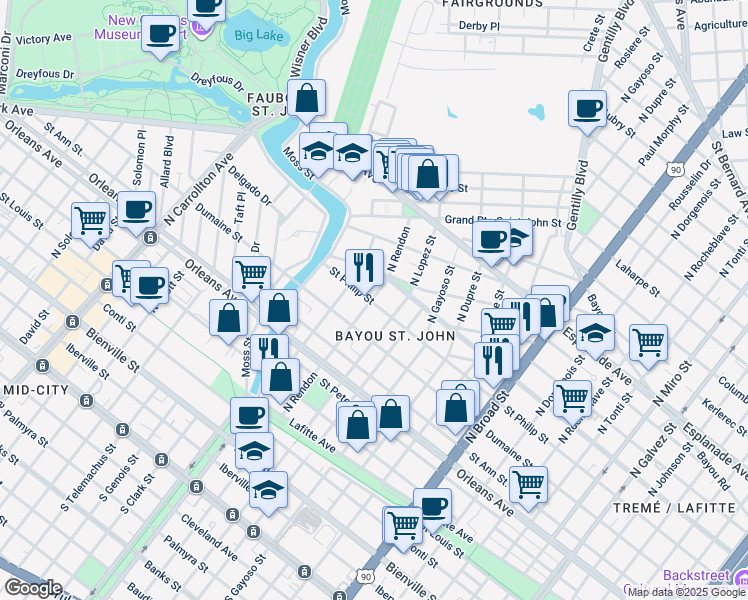 map of restaurants, bars, coffee shops, grocery stores, and more near 3128 Ursulines Avenue in New Orleans