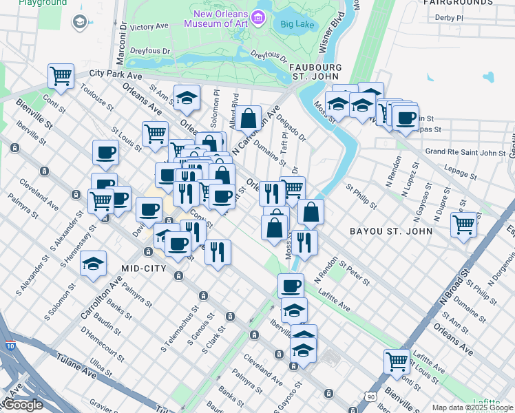 map of restaurants, bars, coffee shops, grocery stores, and more near 3700 Orleans Avenue in New Orleans